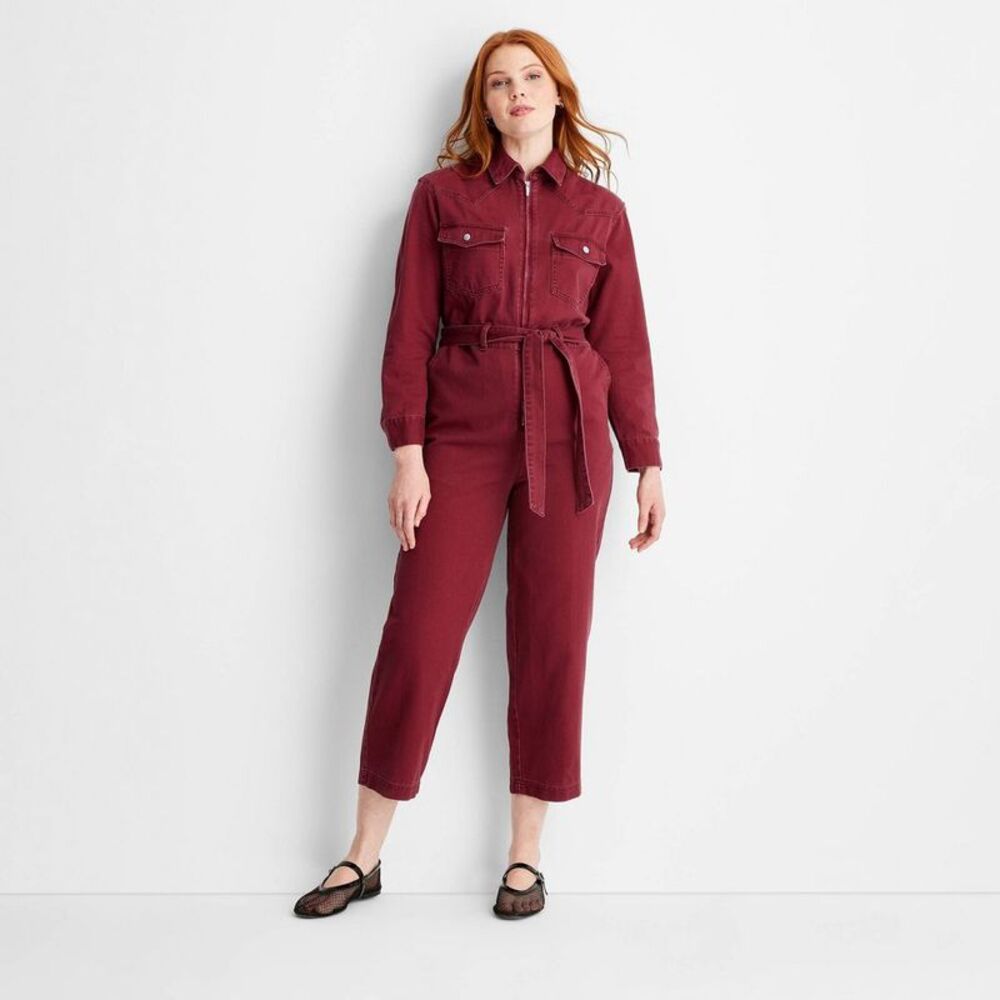 Structured Long-Sleeve Maroon Utility Jumpsuit with Tie Belt